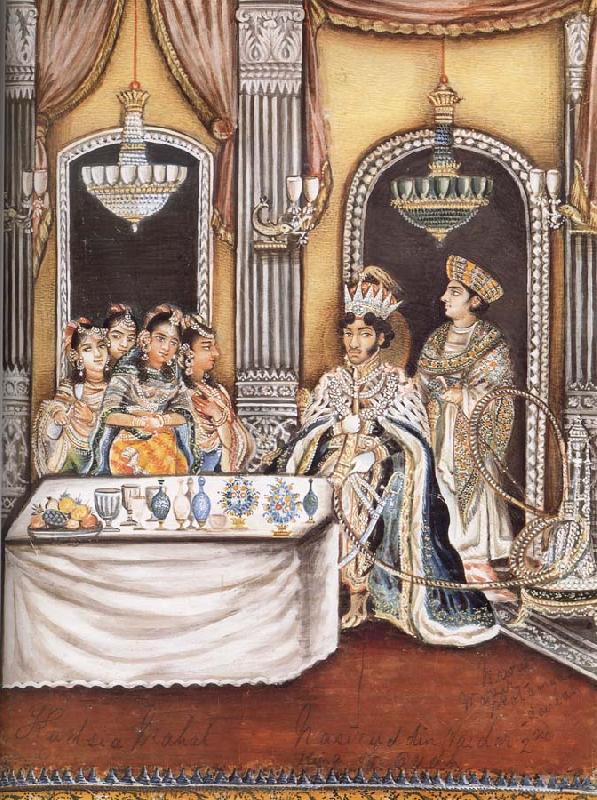 Nawab Nasir ud Din Haidar,King of Oudh,with his Minister Vazir Motamad ud Daula Agha Mir in the Kudsia Mahal,Lucknow, unknow artist